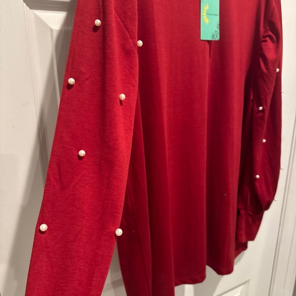 Red Long Sleeve Top with Pearl Accents